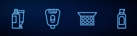 Set line Makeup powder with mirror, Cream lotion cosmetic tube, Epilator and Spray can for hairspray. Glowing neon icon on brick wall. Vector.のイラスト素材