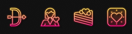 Set line Wedding cake Bow and arrow Romantic girl and Heart. Glowing neon icon. Vector.のイラスト素材