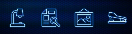Set line Picture landscape Table lamp Document with graph chart and Stapler. Glowing neon icon on brick wall. Vector.のイラスト素材