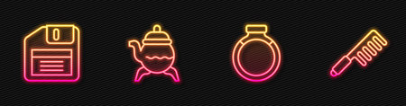 Set line Gold ring Floppy disk Classic teapot and Hairbrush. Glowing neon icon. Vector.のイラスト素材