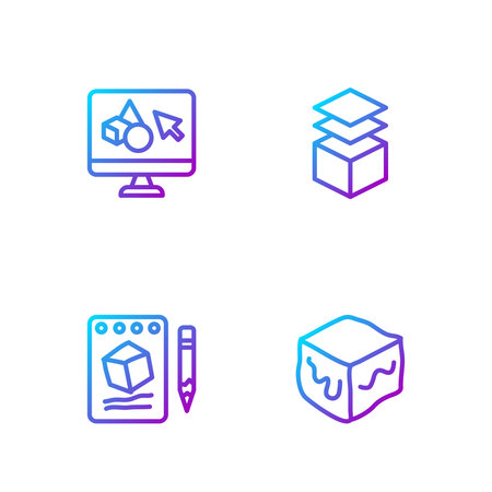 Set line Isometric cube, Sketch on paper, 3D printer software and Layers. Gradient color icons. Vector.のイラスト素材