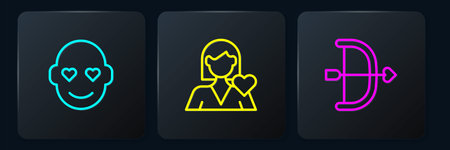 Set line Romantic man Bow and arrow and girl. Black square button. Vector.のイラスト素材
