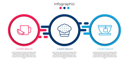 Set line Cup of tea with lemon Muffin and bag. Business infographic template. Vector.のイラスト素材