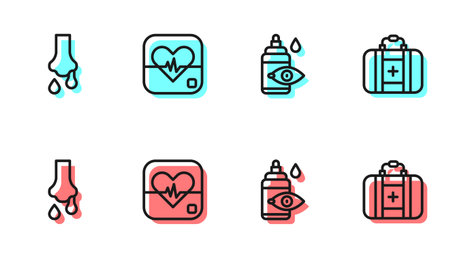 Set line Eye drop bottle, Runny nose, Heart rate and First aid kit icon. Vector.のイラスト素材