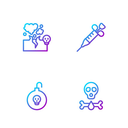 Set line Bones and skull Nuclear bomb Poisonous cloud of gas or smoke and Syringe. Gradient color icons. Vector.のイラスト素材