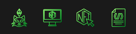 Set line NFT Digital crypto art Monitor with store app and Binary code. Gradient color icons. Vector.のイラスト素材