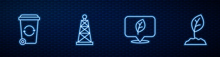 Set line Location with leaf Recycle bin Oil rig and Sprout. Glowing neon icon on brick wall. Vector.のイラスト素材