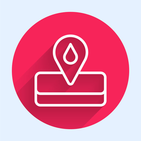 White line Oilfield icon isolated with long shadow background. Natural resources, oil and gas production. Red circle button. Vector.のイラスト素材