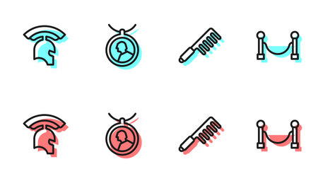 Set line Hairbrush Roman army helmet Locket on necklace and Rope barrier icon. Vector.のイラスト素材