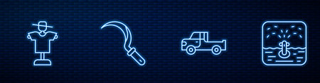 Set line Pickup truck, Scarecrow, Sickle and Automatic irrigation sprinklers. Glowing neon icon on brick wall. Vector.のイラスト素材