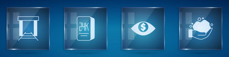 Set Gold mine bars 24k Eye with dollar and nugget. Square glass panels. Vector.のイラスト素材
