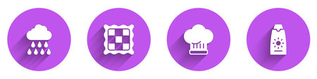 Set Cloud with rain Checkered napkin Chef hat and Sunscreen cream tube icon with long shadow. Vector.のイラスト素材