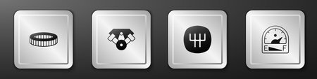 Set Car air filter Power car engine Gear shifter and Motor gas gauge icon. Silver square button. Vector.のイラスト素材