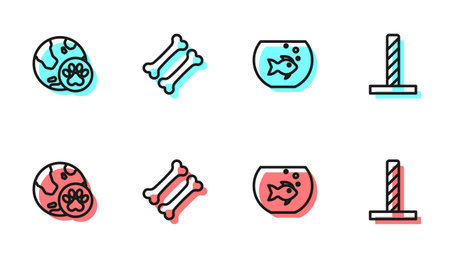 Set line Aquarium with fish World pet Dog bone and Cat scratching post toy icon. Vector.のイラスト素材