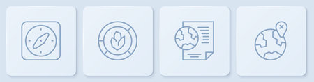 Set line Compass Earth globe with document Soil analysis and Location on the. White square button. Vector.のイラスト素材