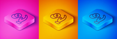 Isometric line Donation hand with money icon isolated on pink and orange, blue background. Hand give money as donation symbol. Donate money and charity concept. Square button. Vector.のイラスト素材