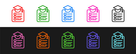 Set line Online education and graduation icon isolated on black and white background. Online teacher on monitor. Webinar and video seminar learning. Vector.のイラスト素材
