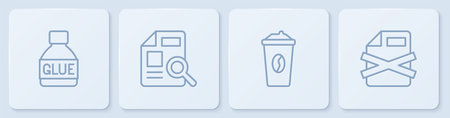 Set line Glue Coffee cup to go Document with graph chart and Delete file document. White square button. Vector.のイラスト素材