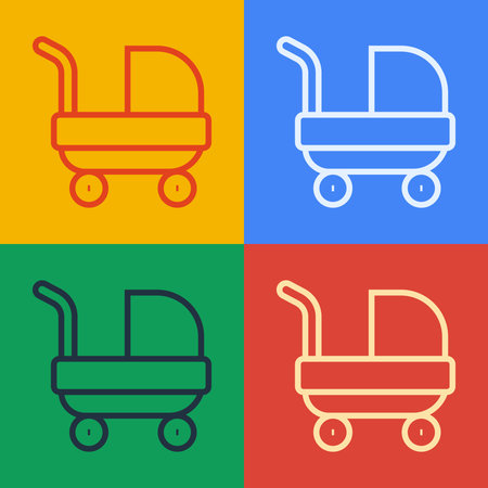 Pop art line Baby stroller icon isolated on color background. Baby carriage, buggy, pram, stroller, wheel. Vector.のイラスト素材