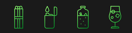 Set line Mulled wine, Gift box, Lighter and Cocktail and alcohol drink. Gradient color icons. Vector.のイラスト素材