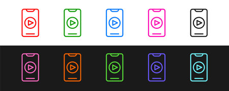 Set line Online play video icon isolated on black and white background. Smartphone and film strip with play sign. Vector.のイラスト素材