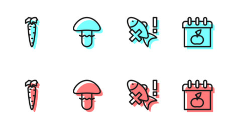 Set line No fish Carrot Mushroom and World Vegetarian day icon. Vector.のイラスト素材