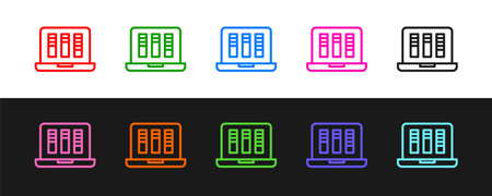 Set line Sound or audio recorder or editor software on laptop icon isolated on black and white background. Vector.のイラスト素材