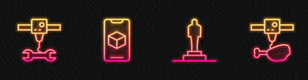 Set line 3D printer model, wrench spanner, software and chicken leg. Glowing neon icon. Vector.のイラスト素材