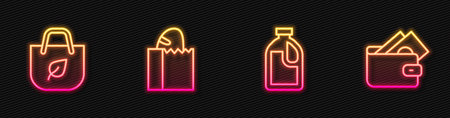Set line Bottle for cleaning agent, Shopping bag with recycle, Paper bread loaf and Wallet money. Glowing neon icon. Vector.のイラスト素材