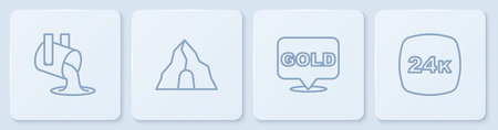 Set line Molten gold being poured Gold bars mine and 24k. White square button. Vector.のイラスト素材