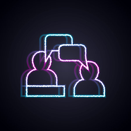 Glowing neon line Two sitting men talking icon isolated on black background. Speech bubble chat. Message icon. Communication or comment chat symbol. Vector.のイラスト素材