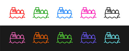 Set line Oil tanker ship icon isolated on black and white background. Vector.のイラスト素材