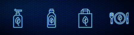 Set line Shopping bag with recycle, Organic cosmetic, Essential oil bottle and Vegan food diet. Glowing neon icon on brick wall. Vector.のイラスト素材
