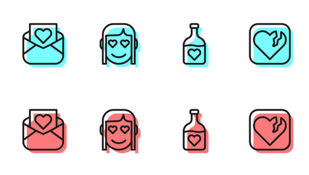 Set line Bottle with love potion Envelope Valentine heart Romantic girl and Broken or divorce icon. Vector.のイラスト素材