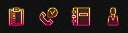 Set line Notebook Online quiz test survey Telephone handset and Employee. Glowing neon icon. Vector.のイラスト素材