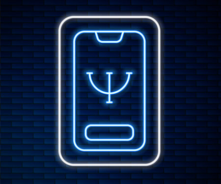 Glowing neon line Online psychological counseling distance icon isolated on brick wall background. Psychotherapy, psychological help, psychiatrist online consulting. Vector.のイラスト素材