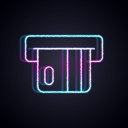 Glowing neon line Credit card inserted in card reader icon isolated on black background. ATM cash machine. Vector.のイラスト素材