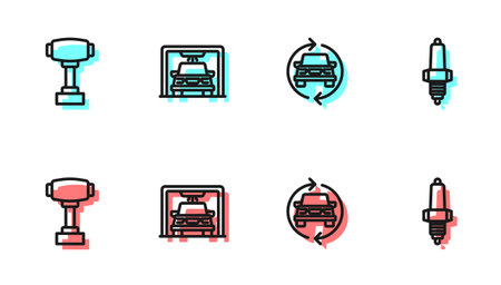 Set line Car service Gear shifter wash and spark plug icon. Vector.のイラスト素材