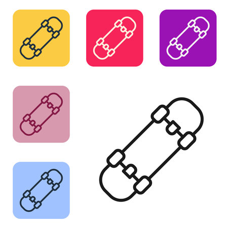 Black line Skateboard icon isolated on white background. Extreme sport. Sport equipment. Set icons in color square buttons. Vector.のイラスト素材