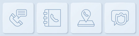 Set line Telephone conversation Call center location Phone book and Speech bubble chat. White square button. Vector.のイラスト素材