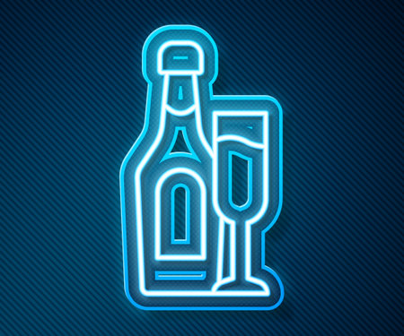 Glowing neon line Champagne bottle with glass icon isolated on blue background. Vector.のイラスト素材
