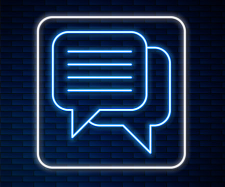 Glowing neon line Speech bubble chat icon isolated on brick wall background. Message icon. Communication or comment chat symbol. Vector.のイラスト素材