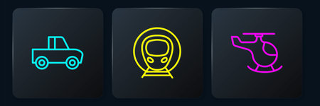 Set line Pickup truck Helicopter and Train and railway. Black square button. Vector.のイラスト素材