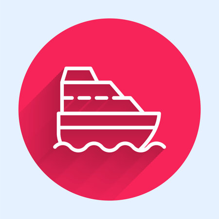 White line Cruise ship in ocean icon isolated with long shadow background. Cruising the world. Red circle button. Vector.のイラスト素材