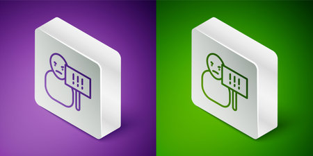 Isometric line Protest icon isolated on purple and green background. Meeting, protester, picket, speech, banner, protest placard, petition, leader, leaflet. Silver square button. Vector.のイラスト素材