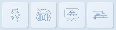 Set line Wrist watch Gold bars mine and with certificate. White square button. Vector.のイラスト素材