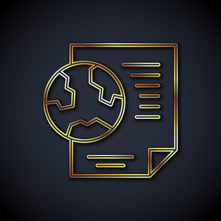 Gold line Earth globe with document icon isolated on black background. World or Earth sign. Global internet symbol. Geometric shapes. Vector.のイラスト素材