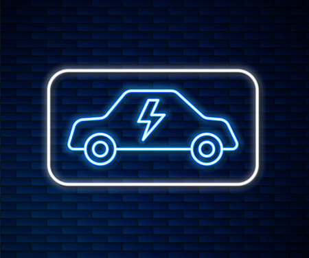 Glowing neon line Electric car and electrical cable plug charging icon isolated on brick wall background. Renewable eco technologies. Vector.のイラスト素材