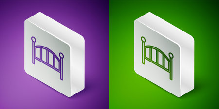 Isometric line Baby crib cradle bed icon isolated on purple and green background. Silver square button. Vector.のイラスト素材