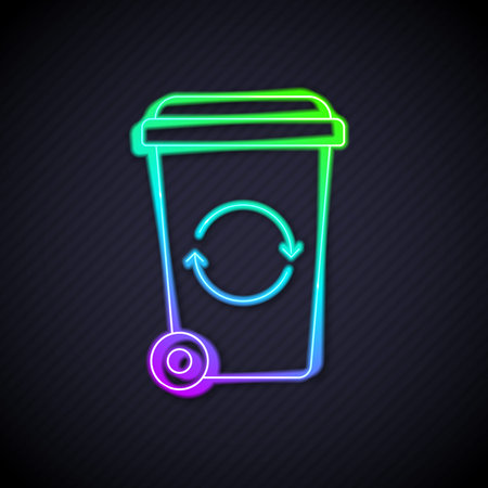Glowing neon line Recycle bin with recycle symbol icon isolated on black background. Trash can icon. Garbage bin sign. Recycle basket sign. Vector.のイラスト素材